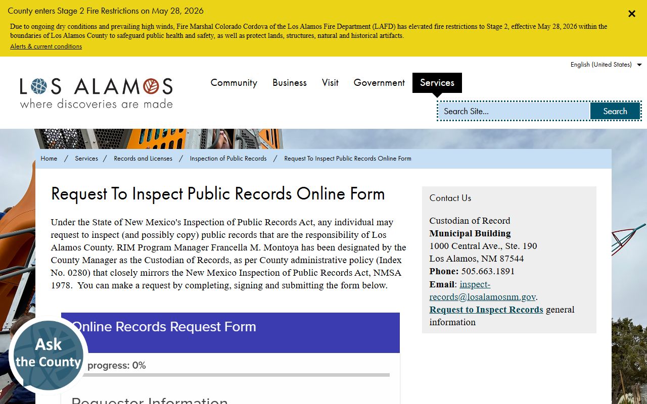 Los Alamos County booking photo IPRA form page
