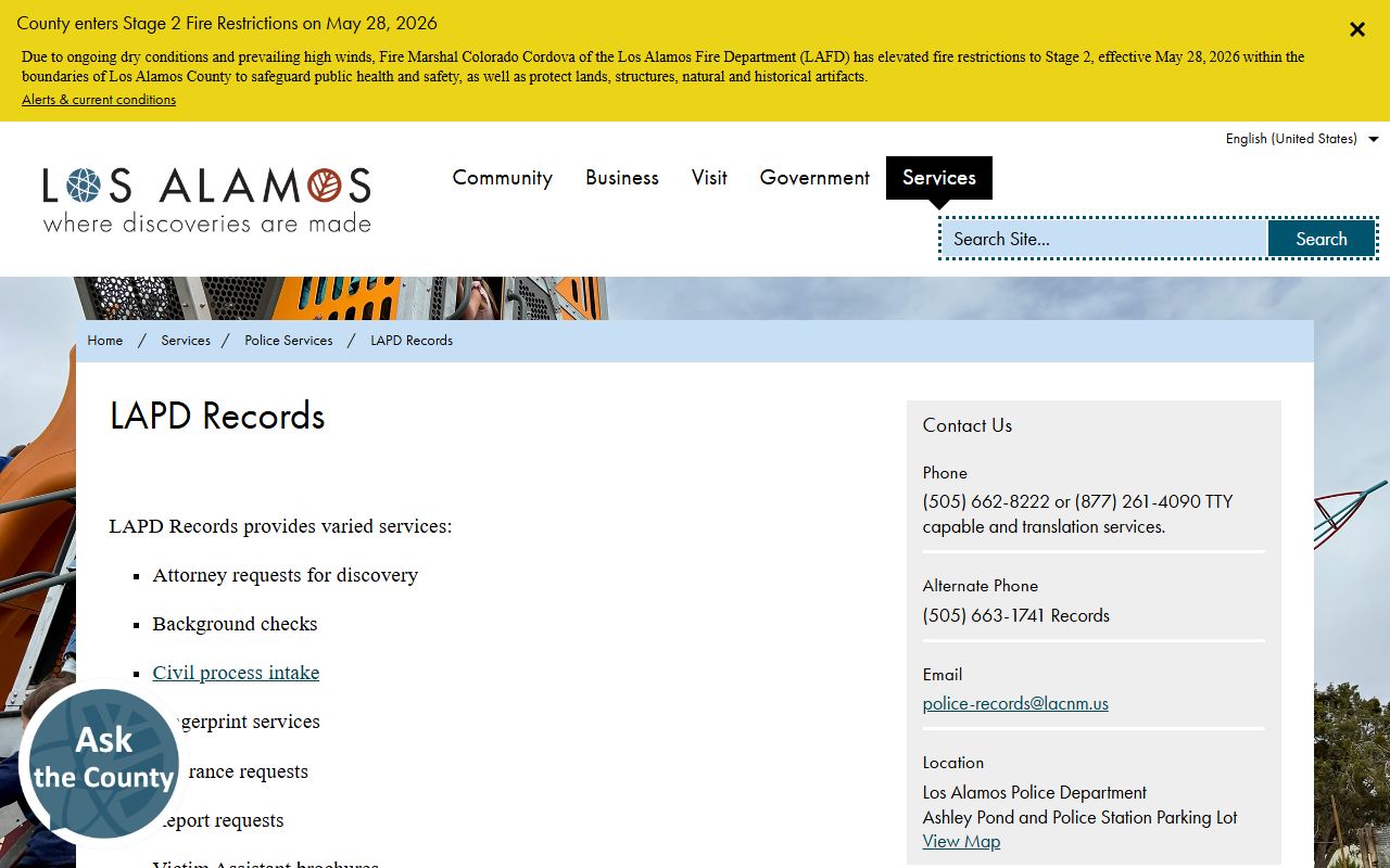 Los Alamos County jail mugshot request path through LAPD Records