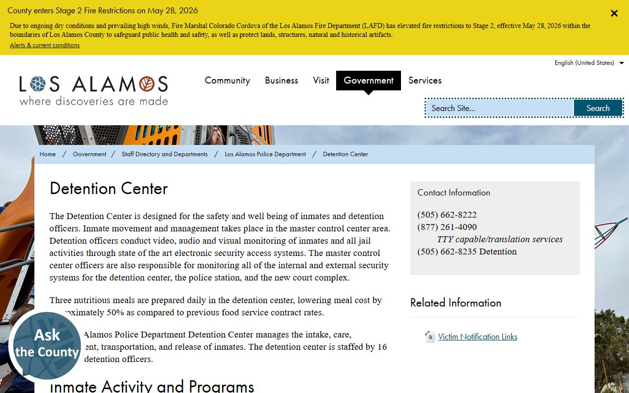 Los Alamos County inmate population Detention Center page
